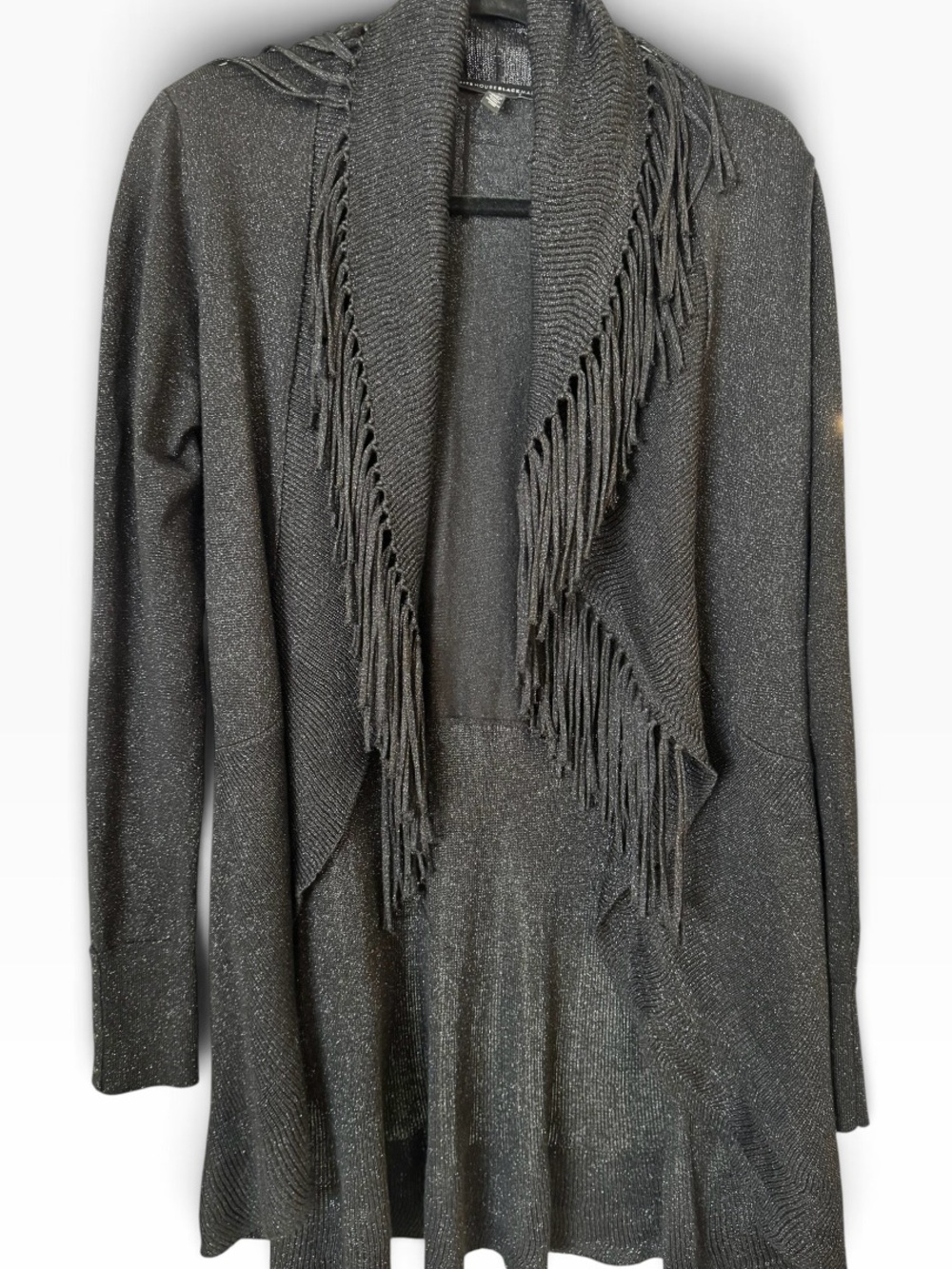 White House Black Market Metallic Charcoal Fringe Open-Front Cardigan